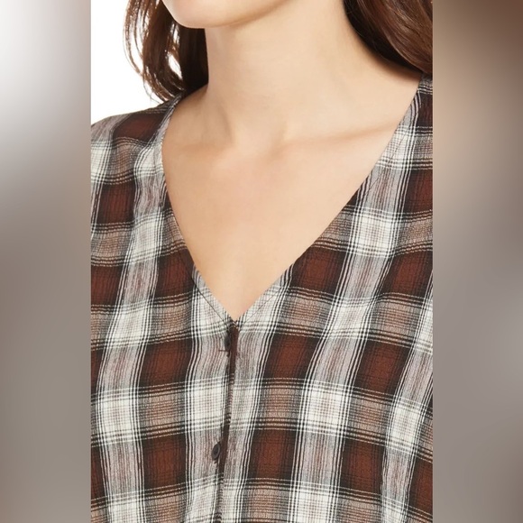 NWT Treasure & Bond Plaid V-Neck Button-Up Shirt Brown Ivory Plaid Long Sleeve L - Picture 4 of 13